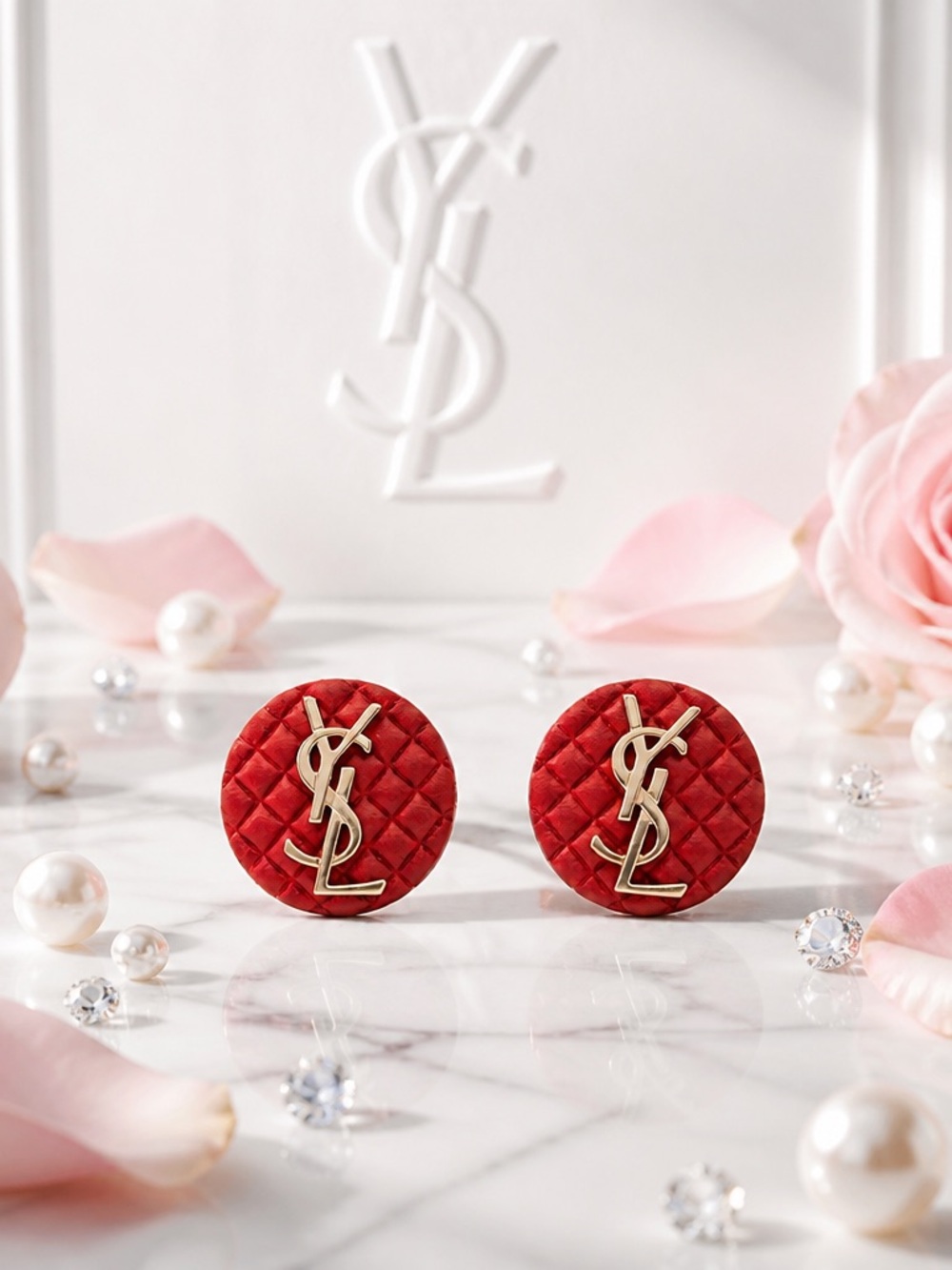 Fashion Jewelry Red Quilted Round Logo Stud Earrings with Gold Tone Accent